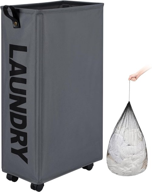 DOKEHOM Slim Laundry Basket - 27.5-Inch Rolling Hamper with Removable Wash Bag | Grey Foldable Storage Solution