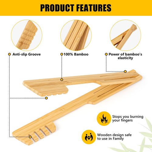 2-Pack Bamboo Kitchen Tongs for Cooking – 8.7-Inch Wooden Food Tongs with Wide Grooved Tips, Flip Design for Nonstick Cookware, Salad, BBQ, and Grilling