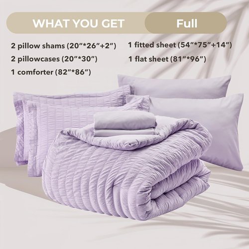 HYMOKEGE Lavender Full Size Comforter Set - 7-Piece All-Season Luxury Bedding in Seersucker Design