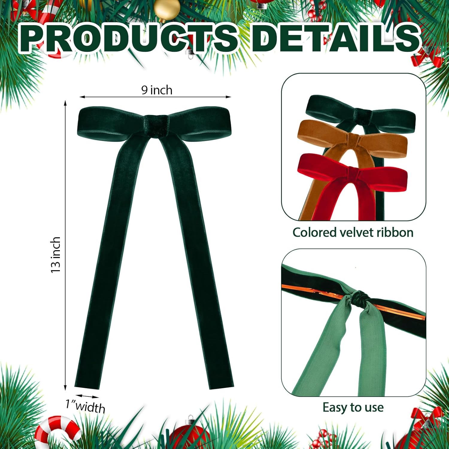 Skiennix 24 Pcs Velvet Christmas Tree Bows - Vintage Ribbon Craft Decor | Dark Red & Green, 9 x 13 Inch