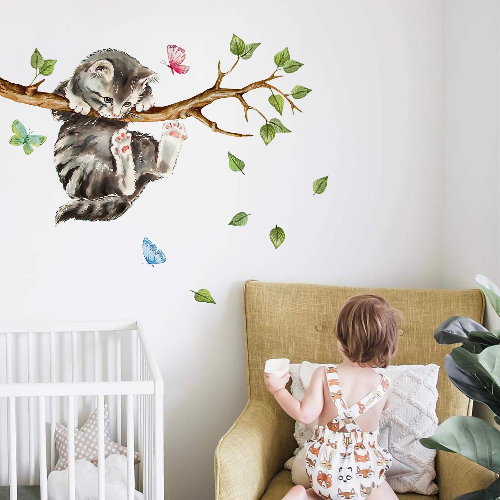 Yovkky Cat on Tree Branches Wall Decals Stickers, Kitty Animal Nursery Decor, Green Leaves Baby Kids Bedroom Home Decorations Art