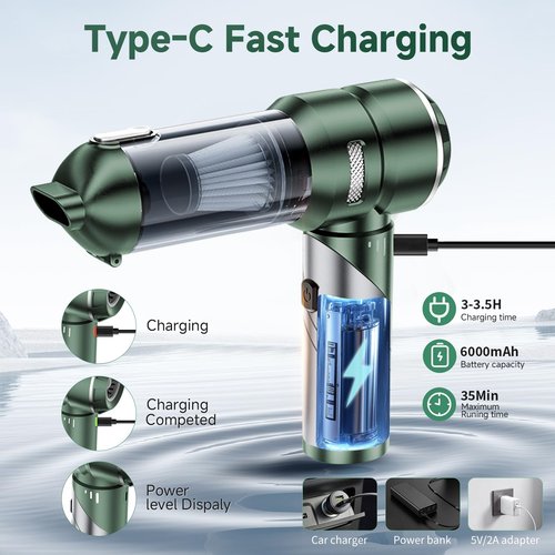 AQSFLA Car Vacuum Portable Cordless 22000PA High Power Handheld Mini Vacuum Cleaner Rechargeable Foldable with Brushless Motor Air Blower Duster Pump for Car Home Office Pet (Green)
