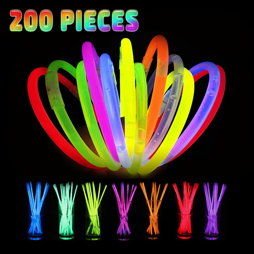 HONLYNE 200 Pcs Glow Sticks Bulk Party Pack, 8'' Glow in the Dark Party Supplies, Glow in the Dark Light Up Sticks with Connectors, Party Favors for Birthday, Concert, Raves, Halloween, Christmas