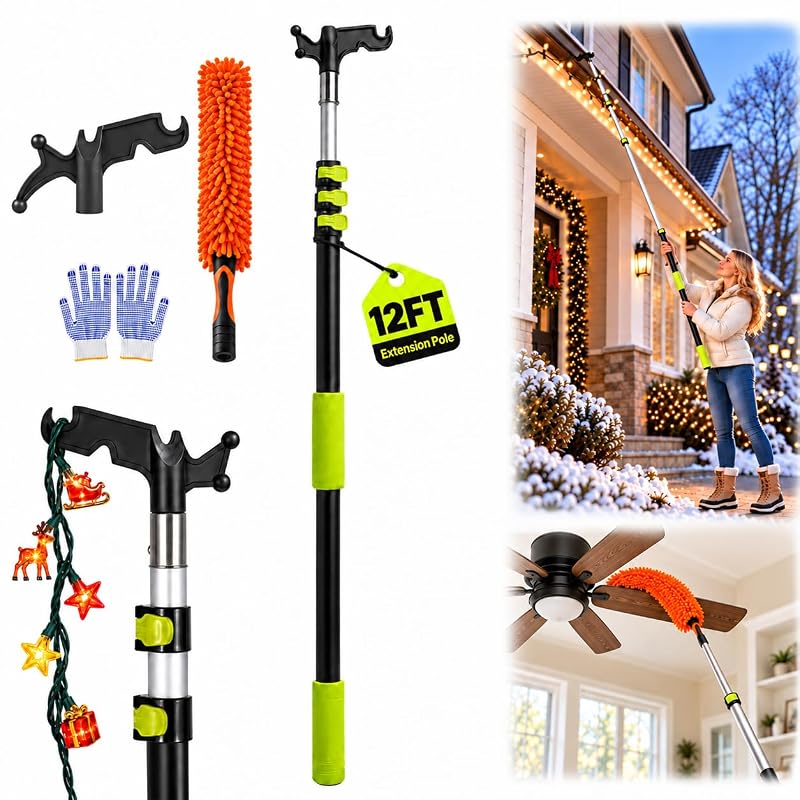Telescoping Christmas Light Pole with Hook, Duster & Gloves 12 ft