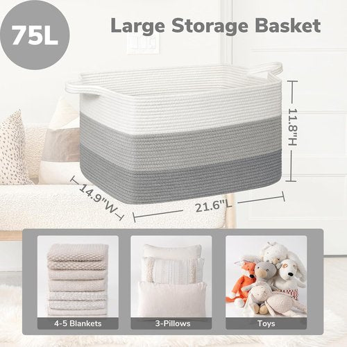Goodpick Storage Basket - Large Woven Blanket Organizer | 21.6" x 14.9" x 11.8" | Gray Rope Design