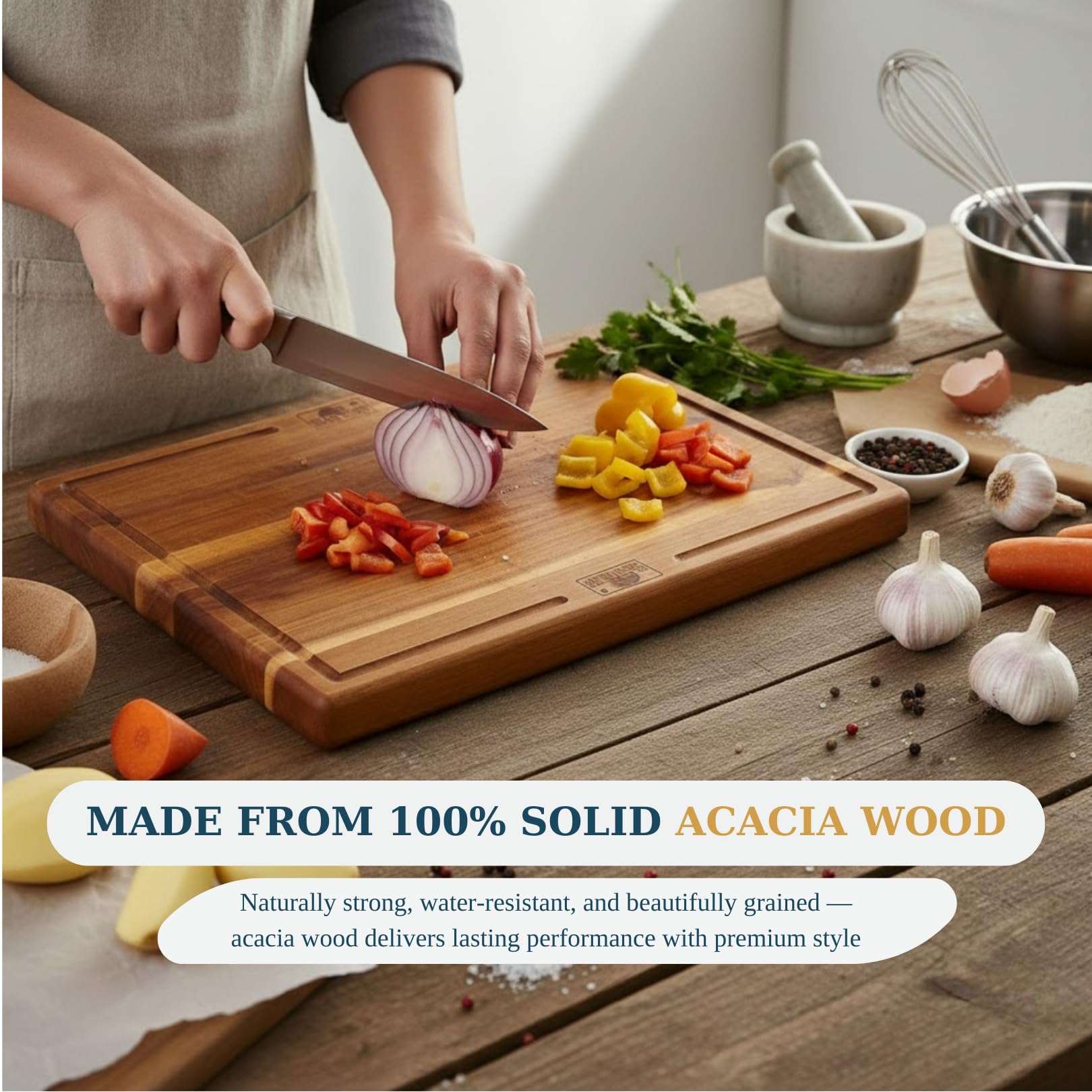 Bearchop Acacia Wood Cutting Board Set of 3 with Storage Stand, Reversible Wooden Cutting Boards for Kitchen with Deep Juice Grooves, Premium Wood Cutting Board Set for Prep, Serving & Gifting