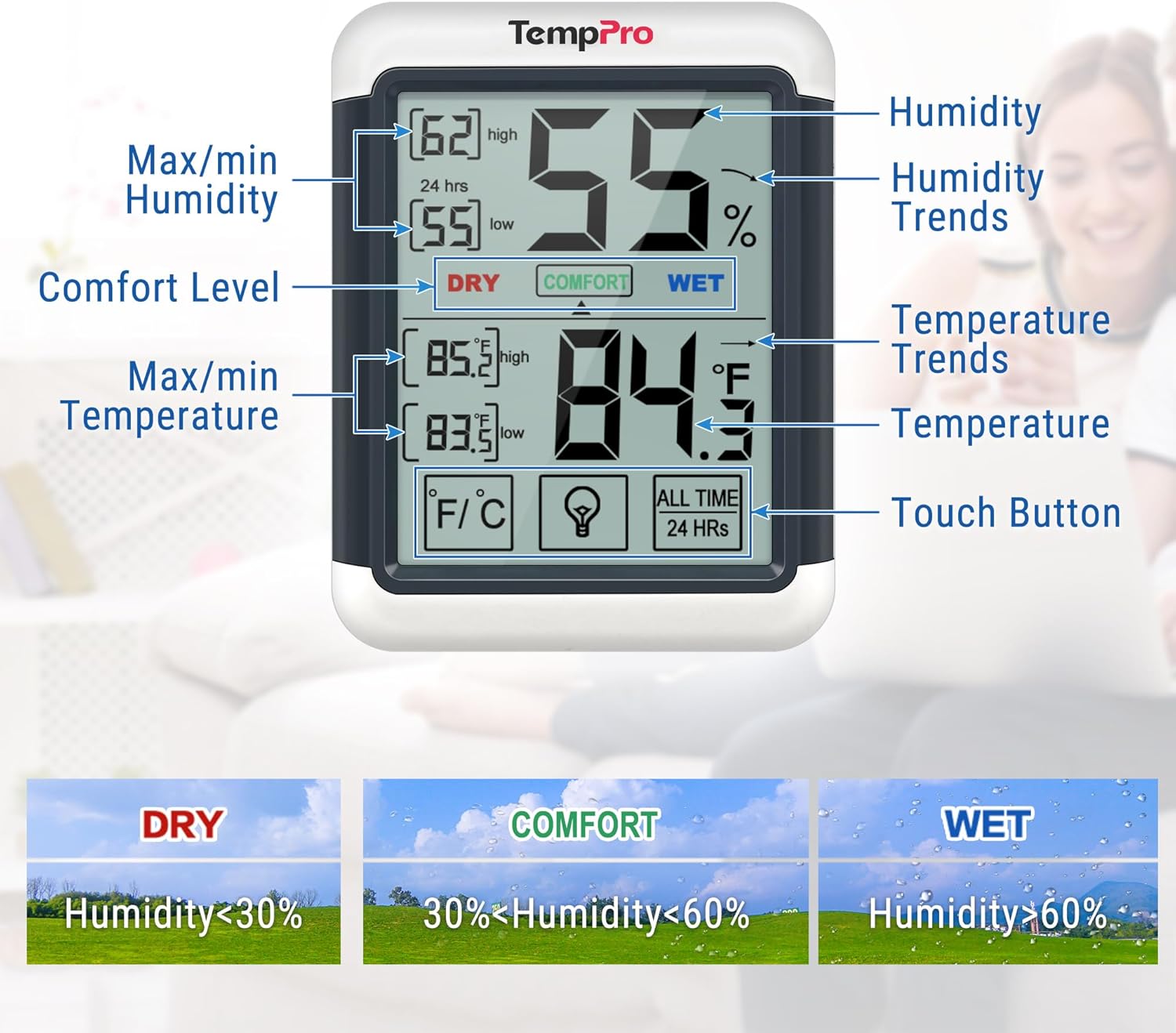 TempPro TP55 Digital Indoor Hygrometer - 4-Inch Touchscreen Temperature & Humidity Monitor for Home & Greenhouse