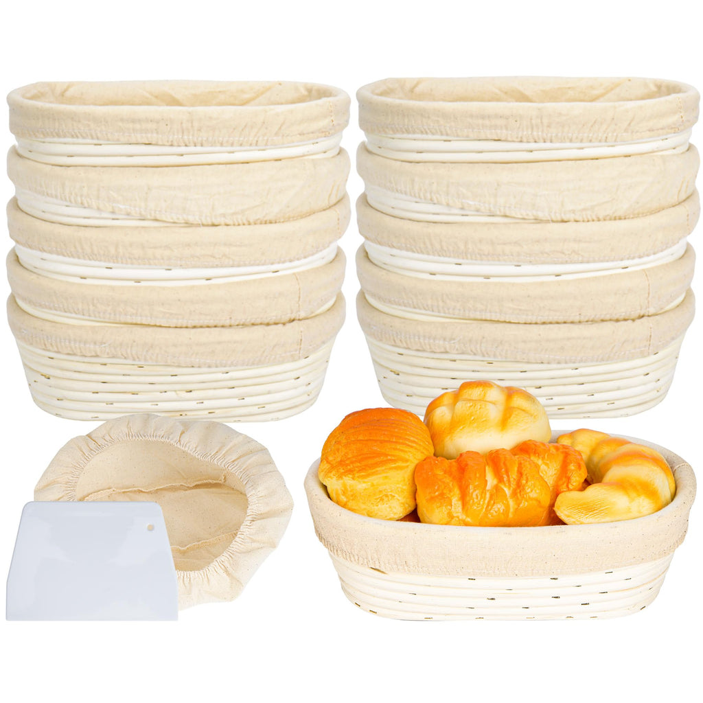 KUJIBGY 10 Inch Banneton Bread Proofing Basket, Oval Sourdough Proofing Basket with Cloth Liners & Dough Scrapers Set of 10,Bulk Rattan Banneton Sourdough Bowl Basket for Home Baker Supplies