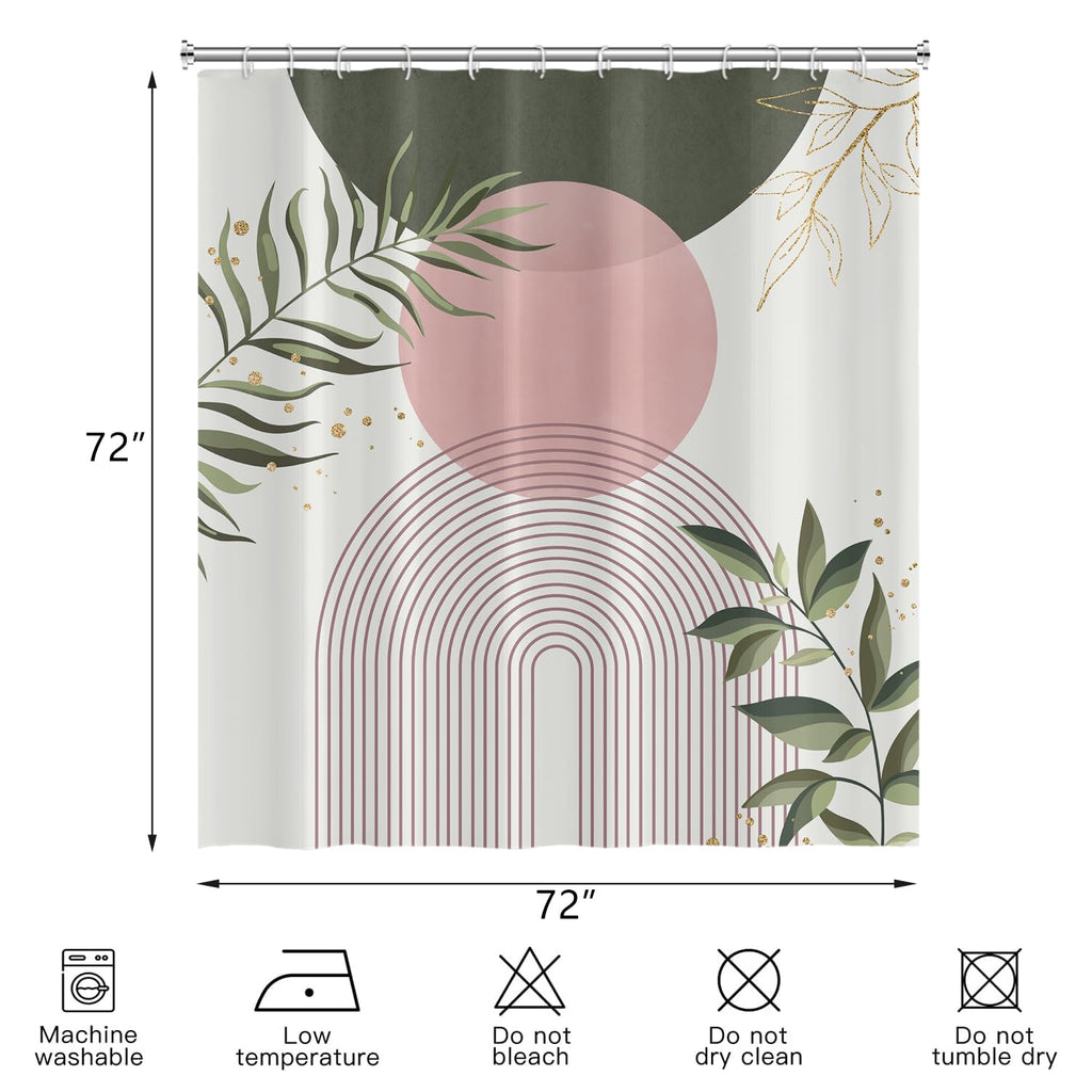 CRTPOD Boho Mid Century Shower Curtain, Pink Modern Minimalist Abstract Geometric Sage Green Gold Plant Leaves Bathroom Curtains Washable Waterproof Fabric Buthtub Curtain Set with Hooks 72" Wx72 L