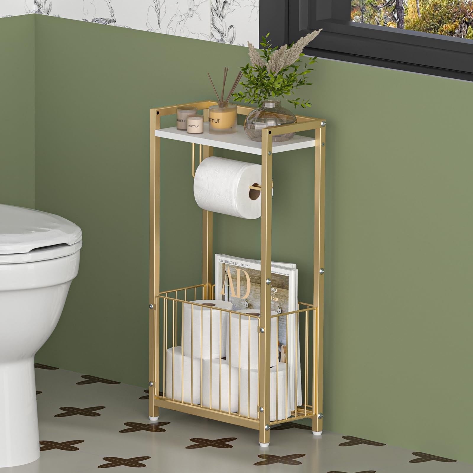 Toilet Paper Holder with Storage Shelf - Freestanding Roll Dispenser for Bathroom, Bathroom Organizer for Tissues and More Gold