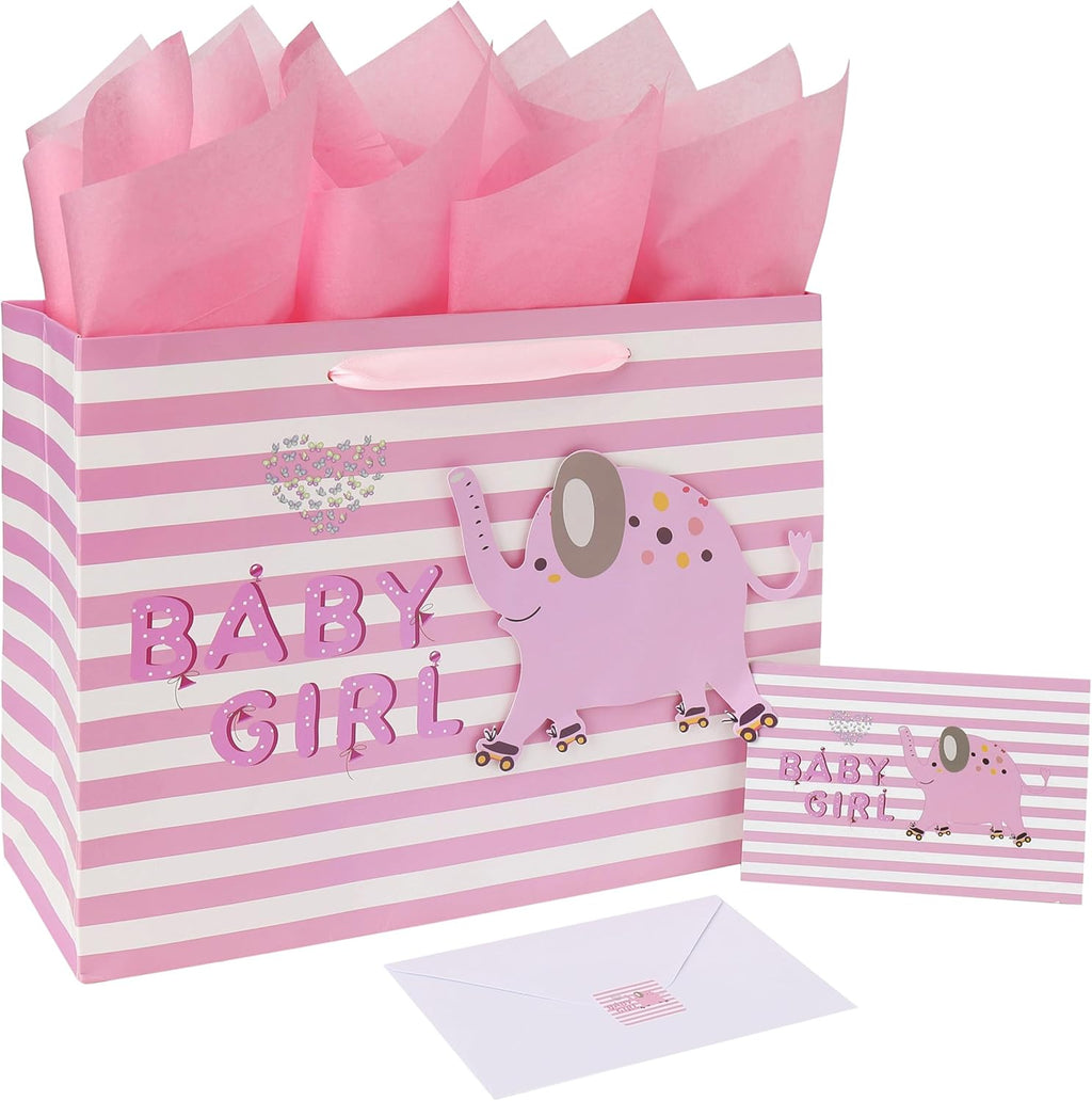 Wishinside 13" Large Pink Gift Bag Set - 3D Elephant Design with Greeting Card & Tissue Paper | Perfect for Baby Showers & Kids' Birthdays