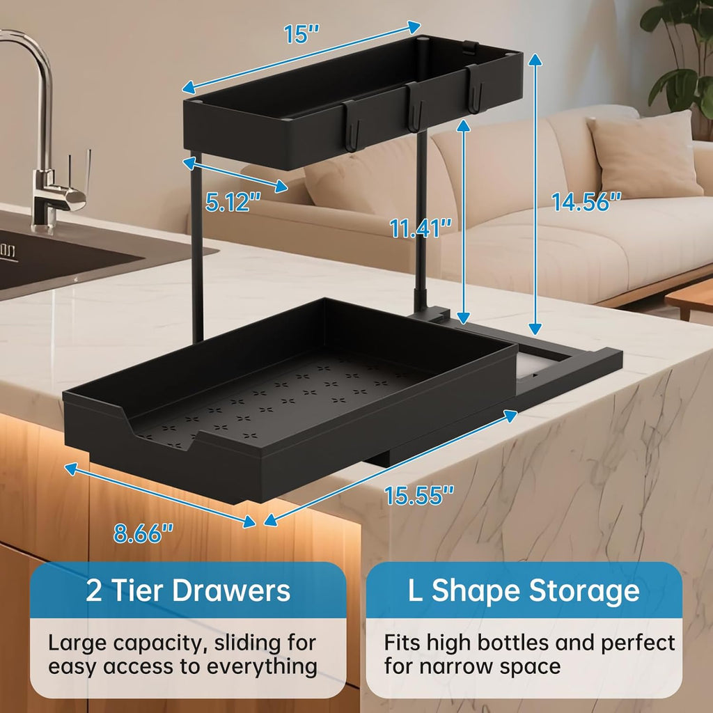 Nature's Source Under Sink Organizer - 2 Tier Sliding Cabinet Storage Baskets | L-Shape Design, Black