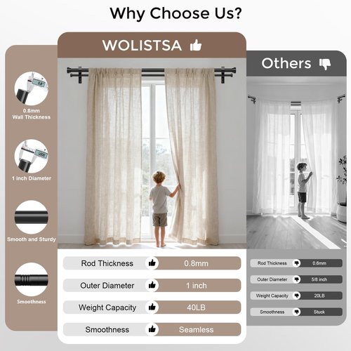 Double Curtain Rod, 1 Inch Black Extra Long Dual Curtain Rods 72 to 144 Inch with Aluminium Modern End Cap Finial, Adjustable Heavy Duty Window Treatment Rods, Telescopic Metal Double Drapery Pole Set