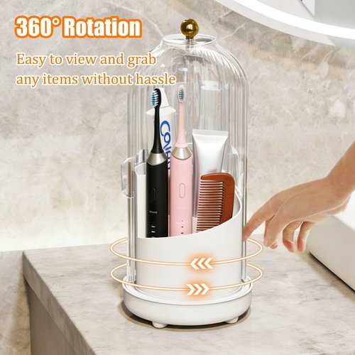 JEESA Toothbrush Holder Organizer, with Drainage Holes, with Dustproof Cover, 360 Rotating, 3 Slots, for Bathroom Countertop, White