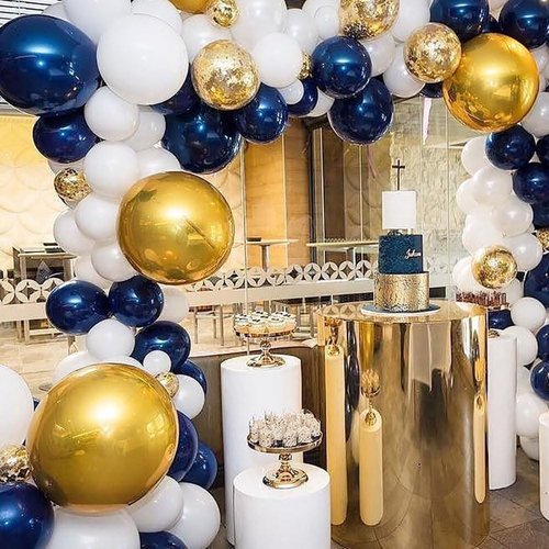KALOR 12-Inch Metallic Gold Latex Balloons - 60 Pcs Navy Blue & White Confetti for Parties & Celebrations