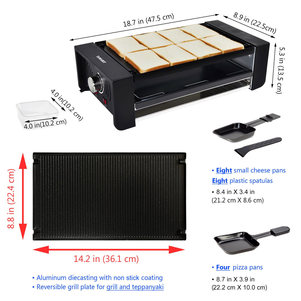 TAMARIT Raclette Party Grill Portable Indoor Electric Korean BBQ Grill 2 in 1 Raclette Table Griddle with Nonstick Coating Plate 4 Pizza Pans 8 Cheese Trays Upper and Lower Heater, PFAS-No