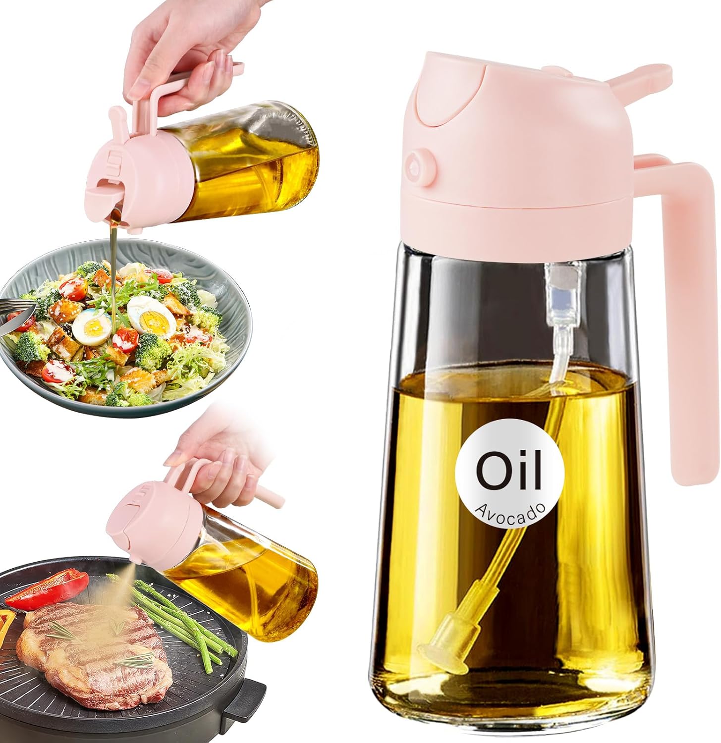 YARRAMATE Glass Olive Oil Sprayer - 2-in-1 Food Grade Spray Bottle for Cooking | 16oz Peach Pink