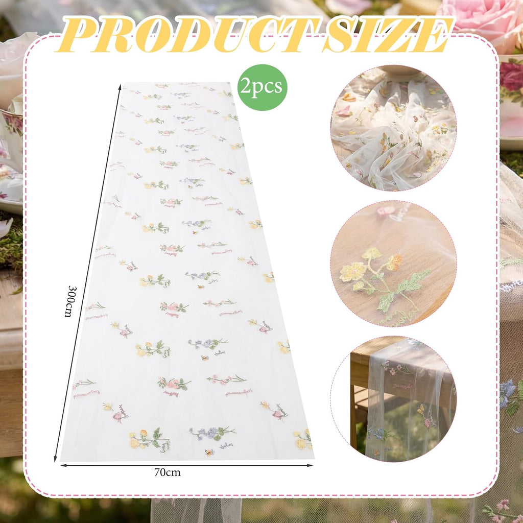 Remagr Floral Table Runner - 9.8 ft Embroidered Tulle for Home Decor, Weddings & Parties