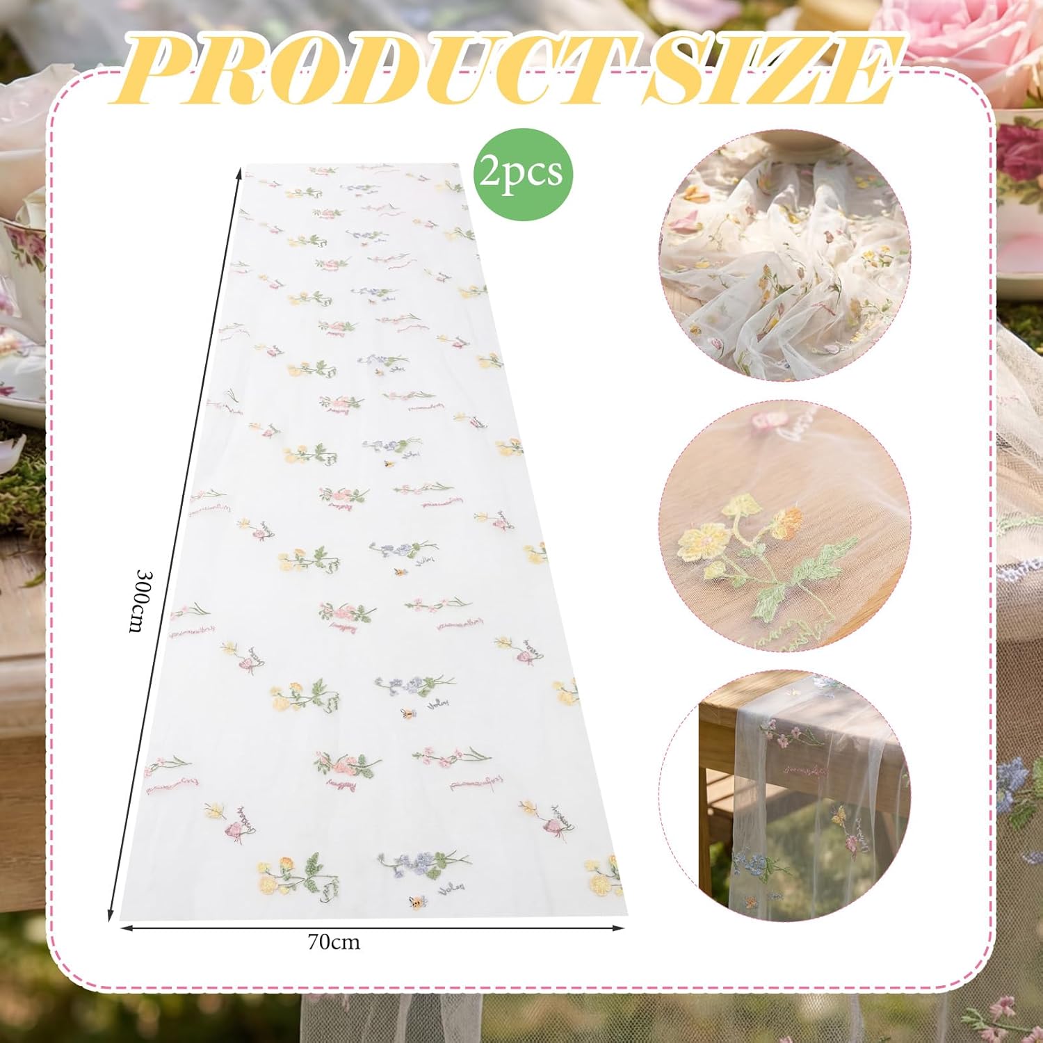 Remagr Floral Table Runner - 9.8 ft Embroidered Tulle for Home Decor, Weddings & Parties