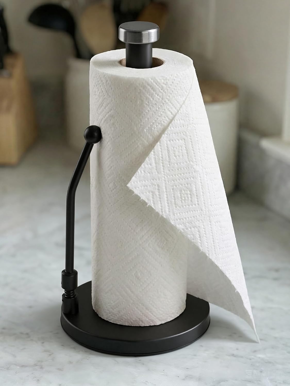 SMARTAKE Paper Towel Holder - Weighted Non-Slip Dispenser with Spring Arm for Most Rolls - Black Stainless Steel