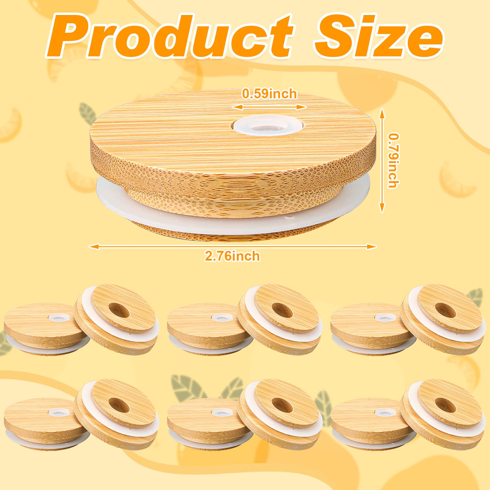 Sieral 70mm Bamboo Jar Lids with Straw Hole for Glass Cups Reusable Wooden Mason Jar Lids for Beer Can Cups, 2.76 Inch Canning cover with Silicone Ring for Regular Mouth Drinking Jars(80 Pcs)