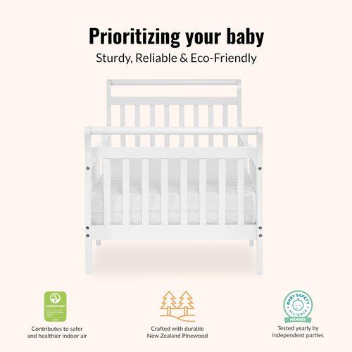 Dream On Me Emma 3-in-1 Convertible Wooden Toddler Bed in White, Baby Safety Alliance Certified, Low-to-Floor Design, Solid Pinewood with Safety Rails