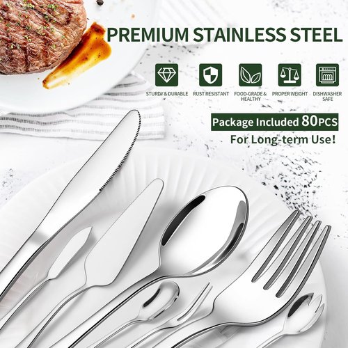 CEKEE Stainless Steel Silverware Set - 80 Pieces Flatware with Serving Utensils for 12 | Heavy Duty & Dishwasher Safe
