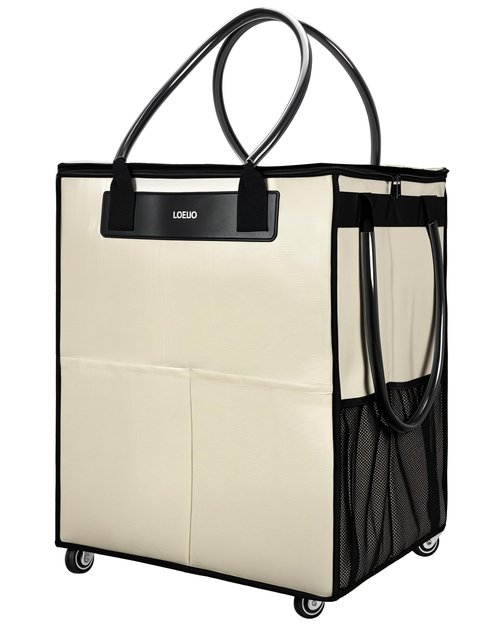 LOEUO Large Reusable Grocery Bag on Wheels, Foldable Rolling Tote Bag with Detachable Roller