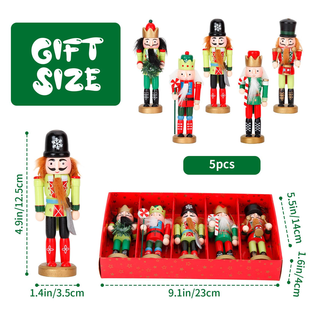 ZJEFUNS 5PCS Christmas Nutcracker Ornament Set - Wooden Nutcracker Figures Soldier Xmas Decorations for Tree Table Decor Gifts