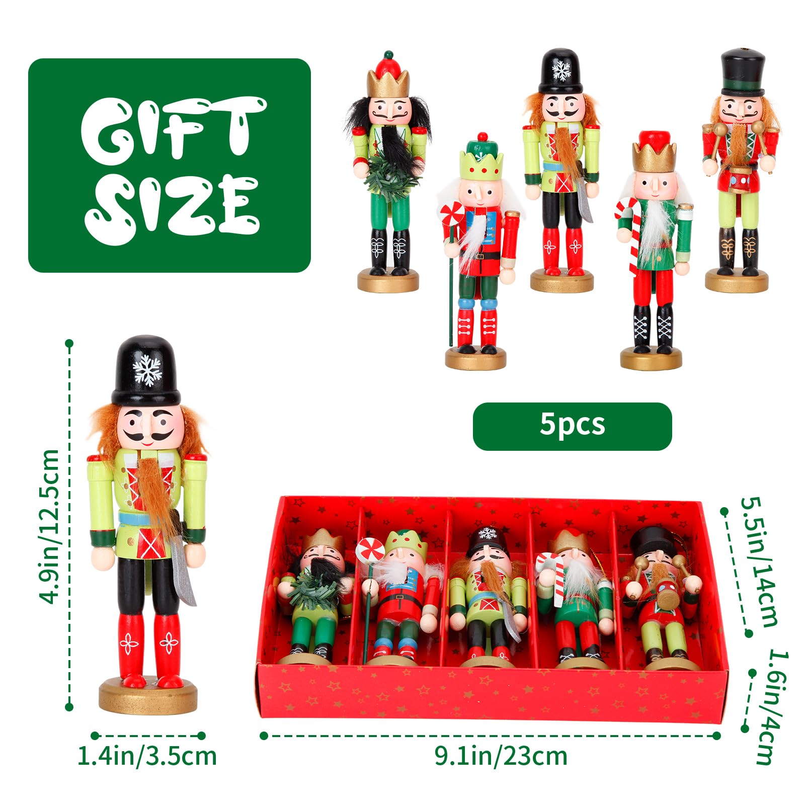 ZJEFUNS 5PCS Christmas Nutcracker Ornament Set - Wooden Nutcracker Figures Soldier Xmas Decorations for Tree Table Decor Gifts