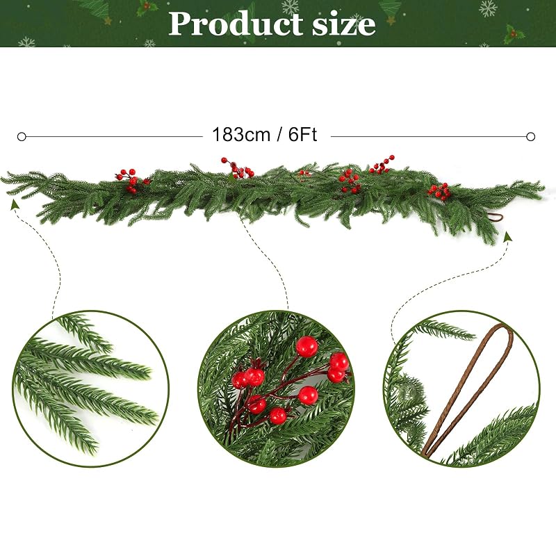 4 Pcs 6 ft Artificial Norfolk Pine Garland with Red Berries - Realistic Greenery Xmas Garlands for Mantle, Staircase, Fireplace (Variation of THIS listing: 4)