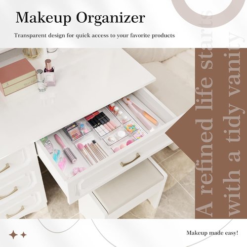 Criusia Clear Drawer Organizer Set - 7 Versatile Plastic Trays for Kitchen & Bathroom Storage | Non-Slip Design