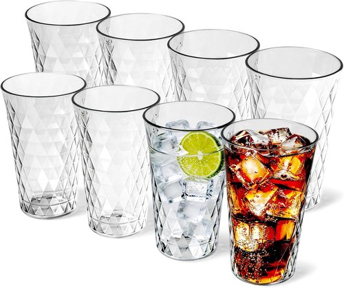 Freshmage 20 oz Unbreakable Plastic Drinking Glasses - 8 Pack, BPA Free, Microwave Safe, Stackable Tumblers for Home & Outdoor Use