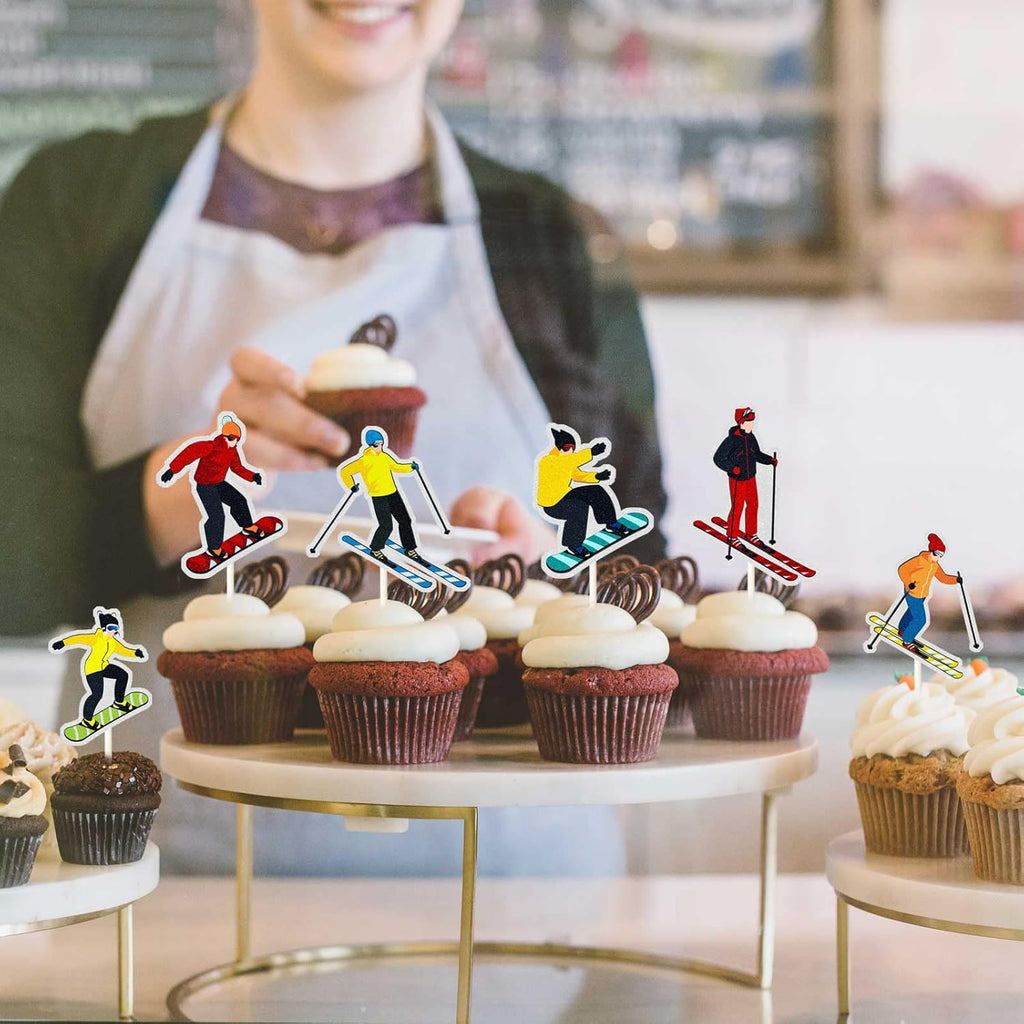 Skiennix Ski Theme Cupcake Toppers - Rainbow Glitter Cake Decorations for Ski Lovers | 18PCS