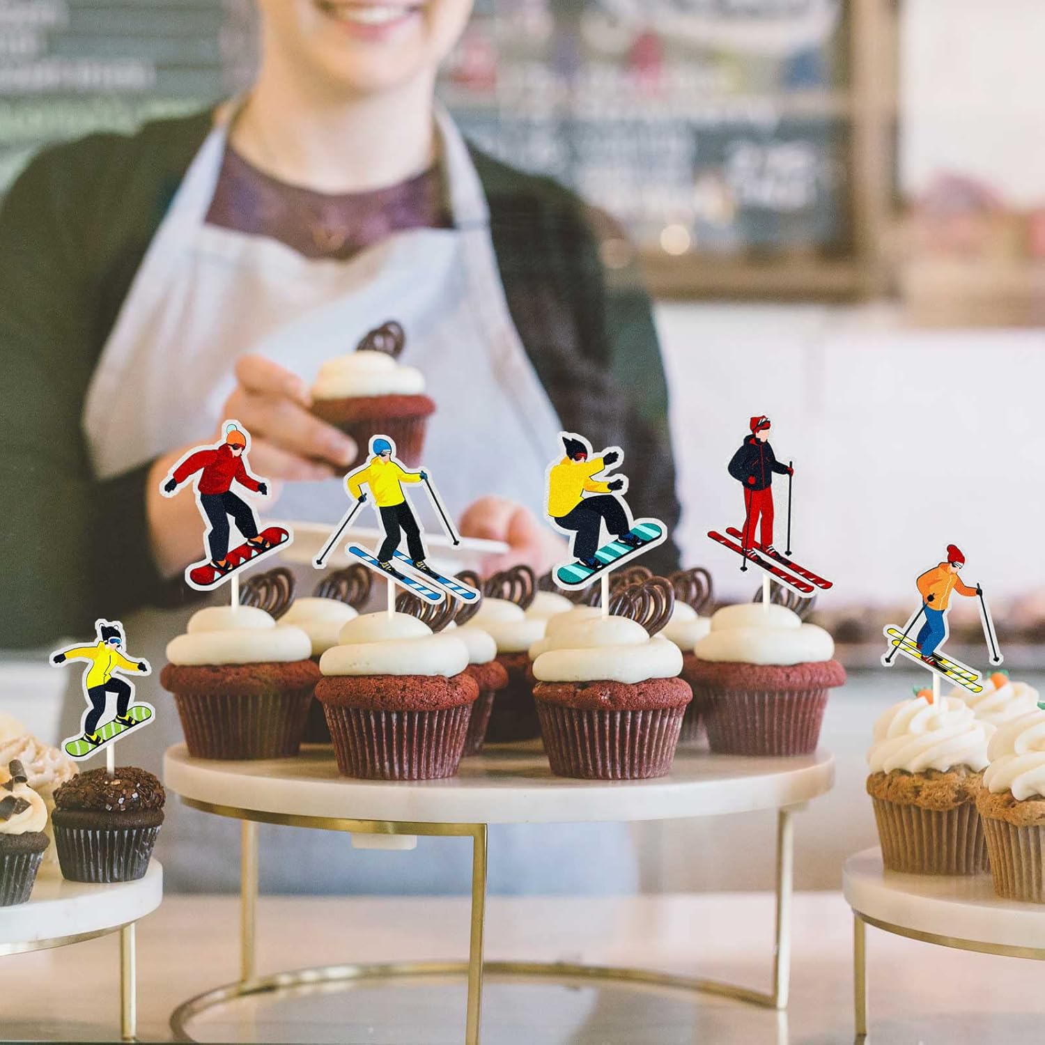 Skiennix Ski Theme Cupcake Toppers - Rainbow Glitter Cake Decorations for Ski Lovers | 18PCS