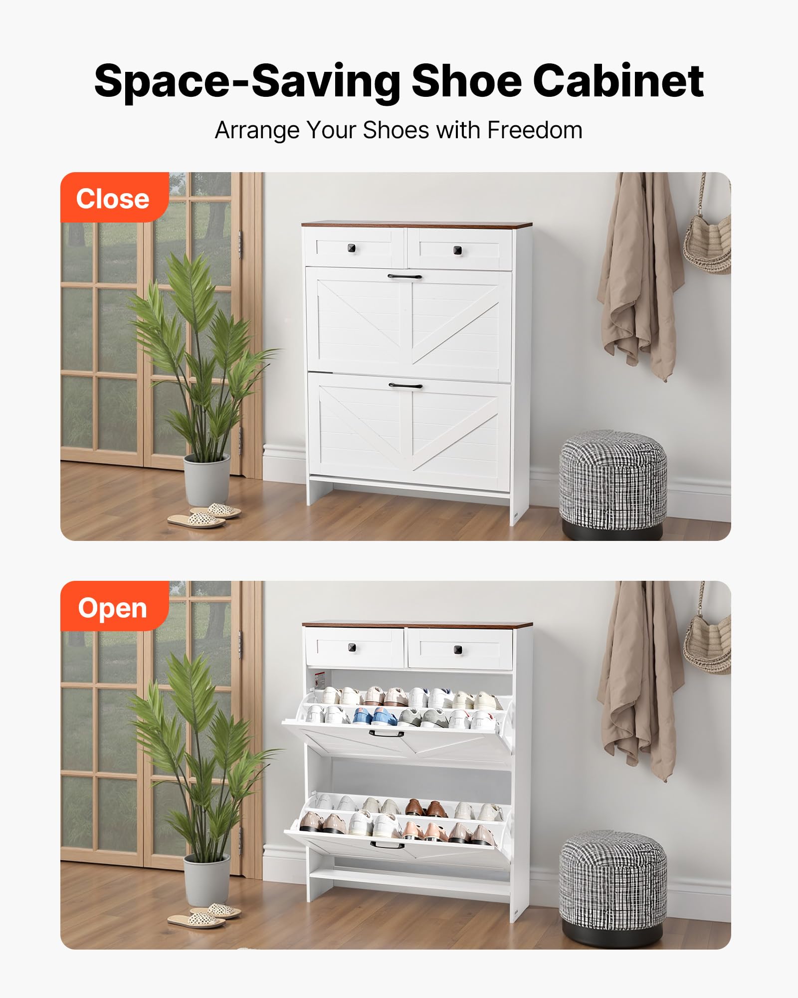 VEVOR Shoe Cabinet with 2 Flip Drawers, Farmhouse Shoes Storage Cabinet with 2 Drawers and Anti-Tipping Device, Freestanding Shoe Organizer Ideal for Entryway, Hallway, Bedroom, Living Room, White