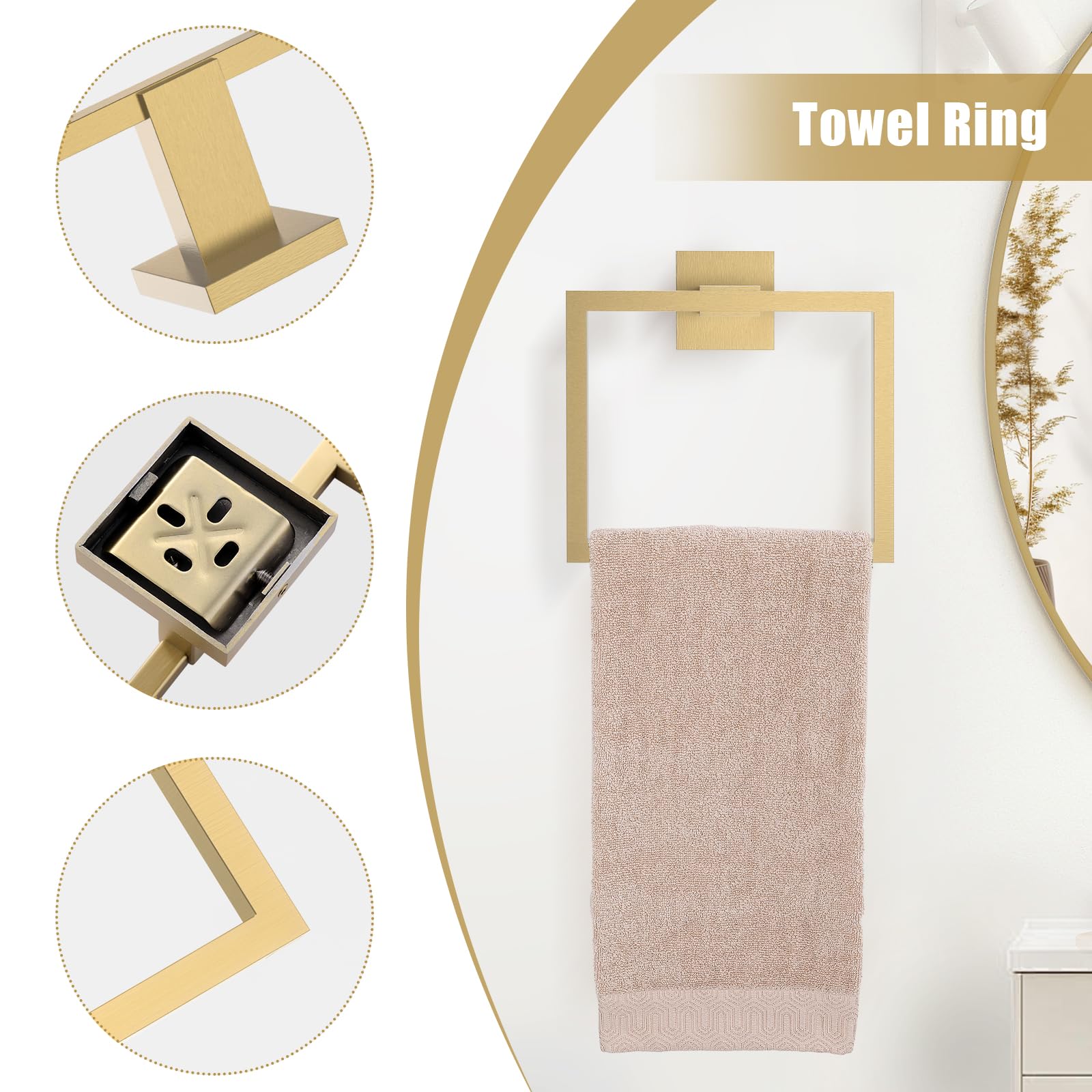 TQKAG Brushed Gold Bathroom Hardware Accessories Set 5 Pieces, Double Post Pivoting Toilet Paper Holder Set Stainless Steel Square Bathroom Towel Bar Holder Set Wall Mounted