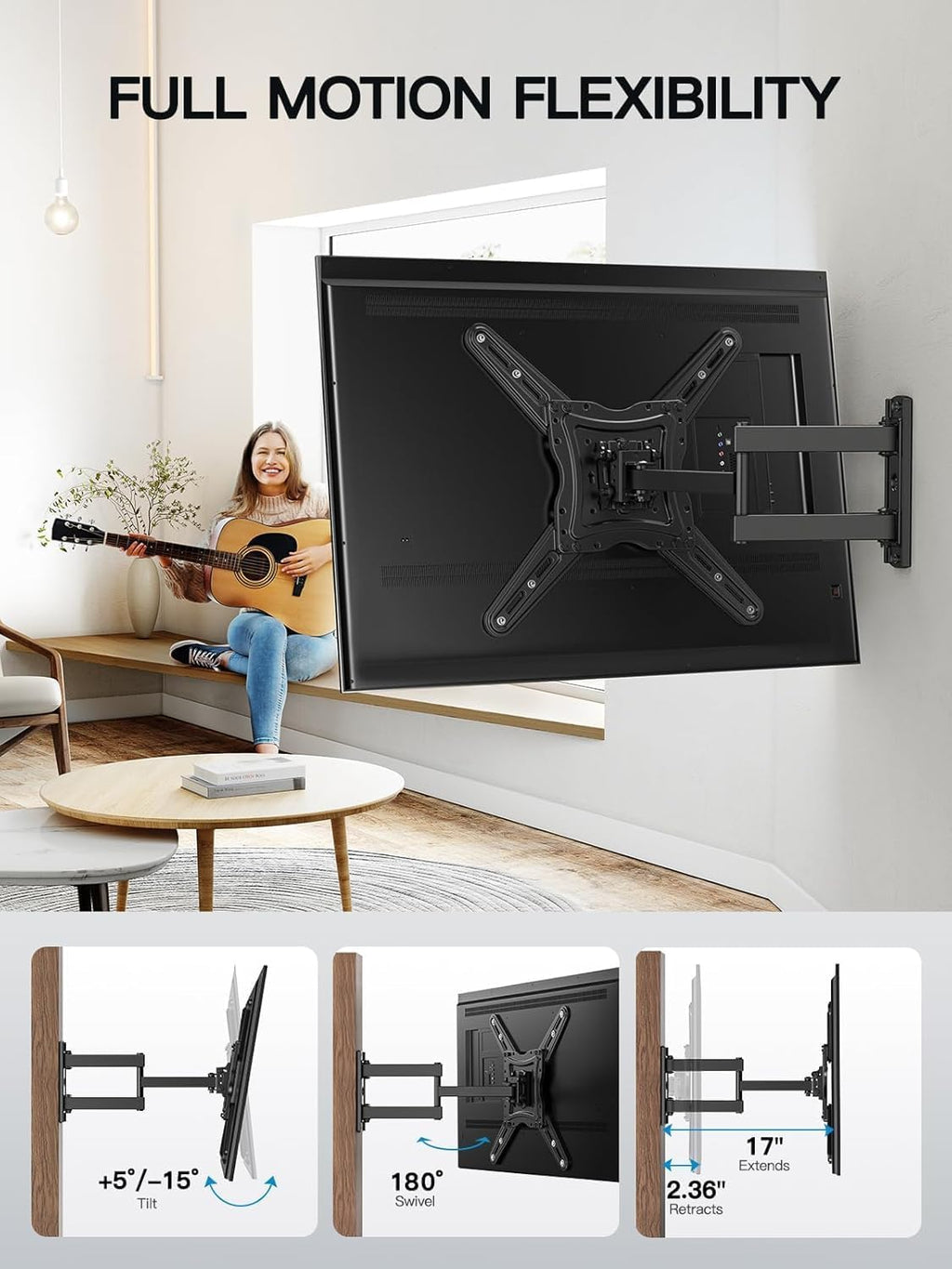 Pipishell Full Motion TV Wall Mount - Articulating Arms for 26-65 Inch TVs | Max VESA 400x400mm, 77 lbs Capacity
