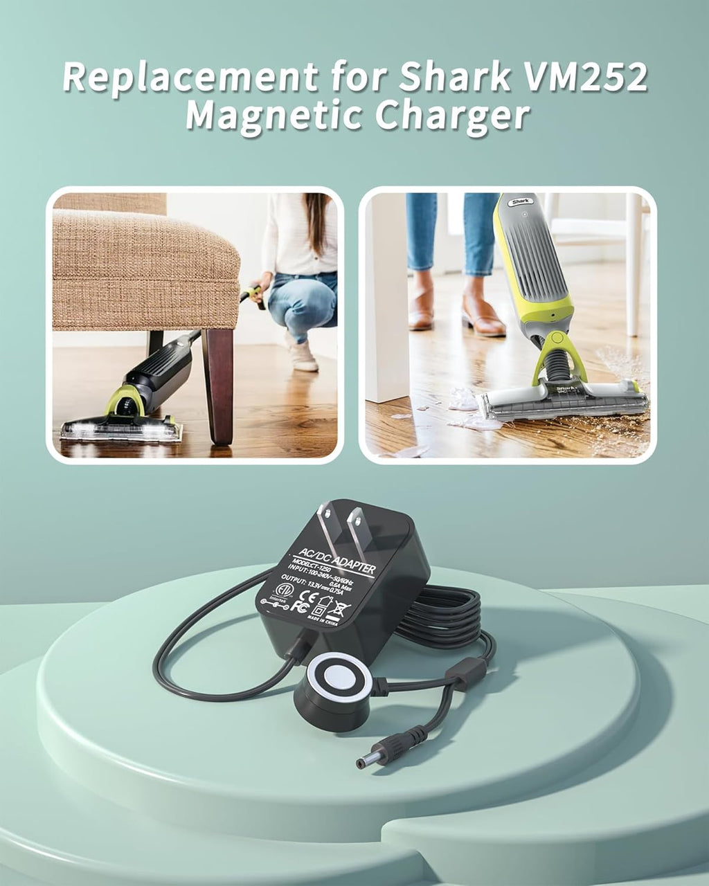 Shark Replacement Vacmop Charger - 13.3V Dual Connector for VM252, VM251, VM200 & More