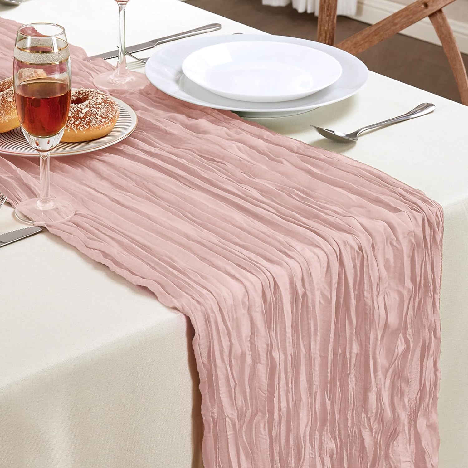 Skiennix Dusty Pink Cheesecloth Table Runner - 10FT Long Rustic Sheer Decor for Weddings & Events