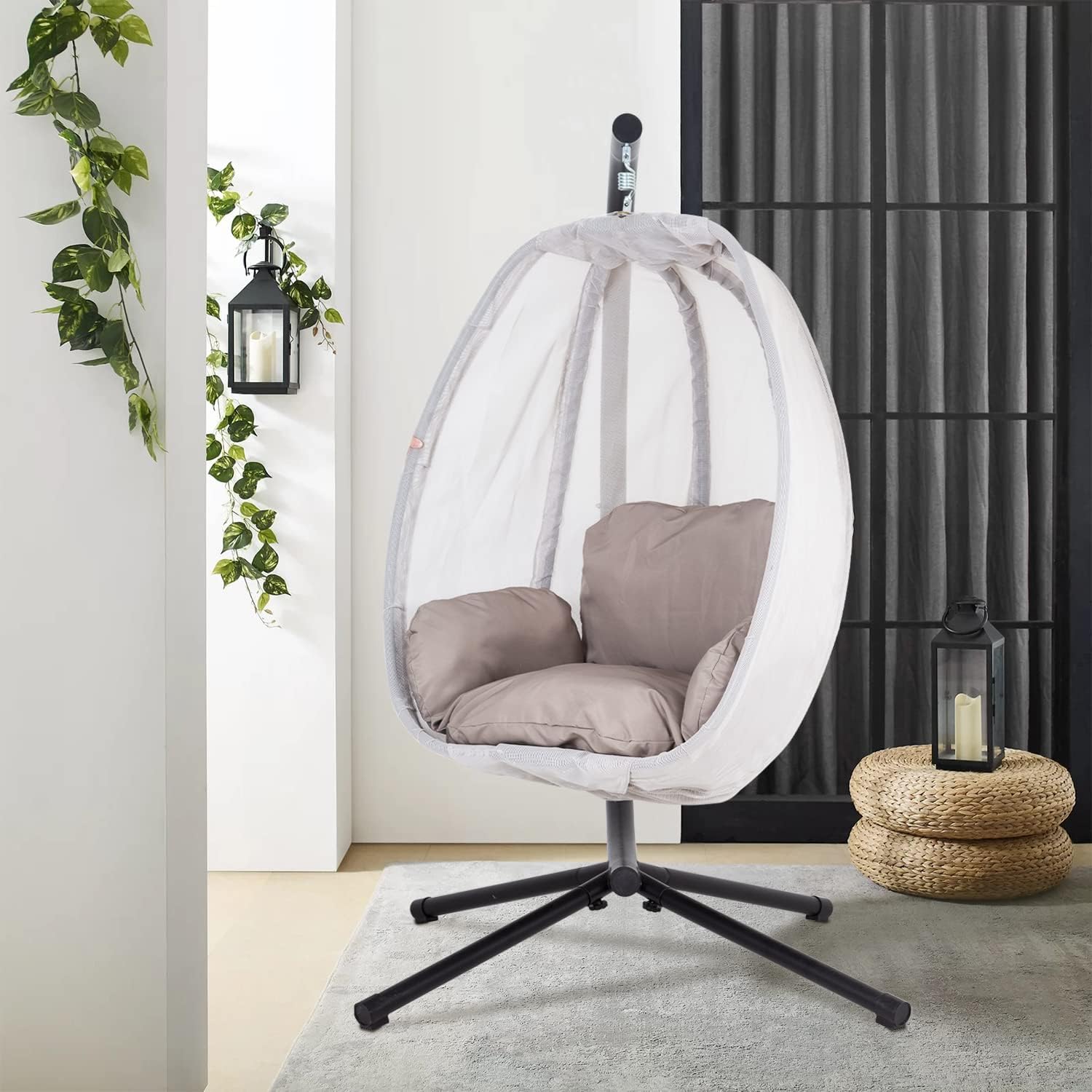 Skiennix Swing Egg Chair - Comfortable Hammock Chair with Metal Stand & Cushion | Gray, 400LBS Capacity