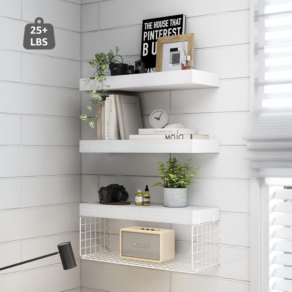 QEEIG Bathroom Shelves Over Toilet - Wall Mounted Floating Storage for Toilet Paper | Set of 3, 16 Inch, White