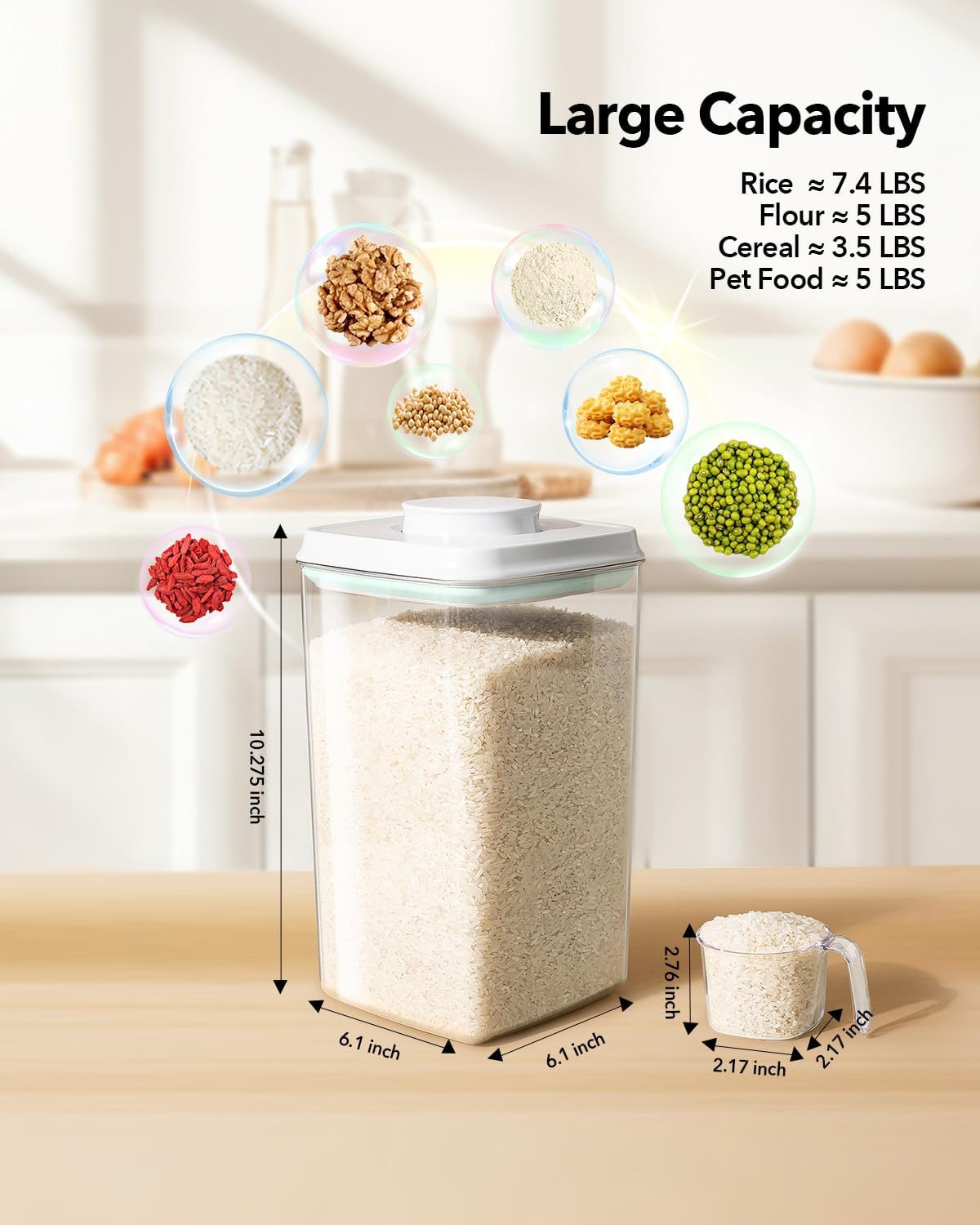 Ankou Airtight Food Storage Container - Pop Lid & 130ml Scoop | 4L BPA-Free Cereal, Rice, Flour, Pasta & Snack Organizer