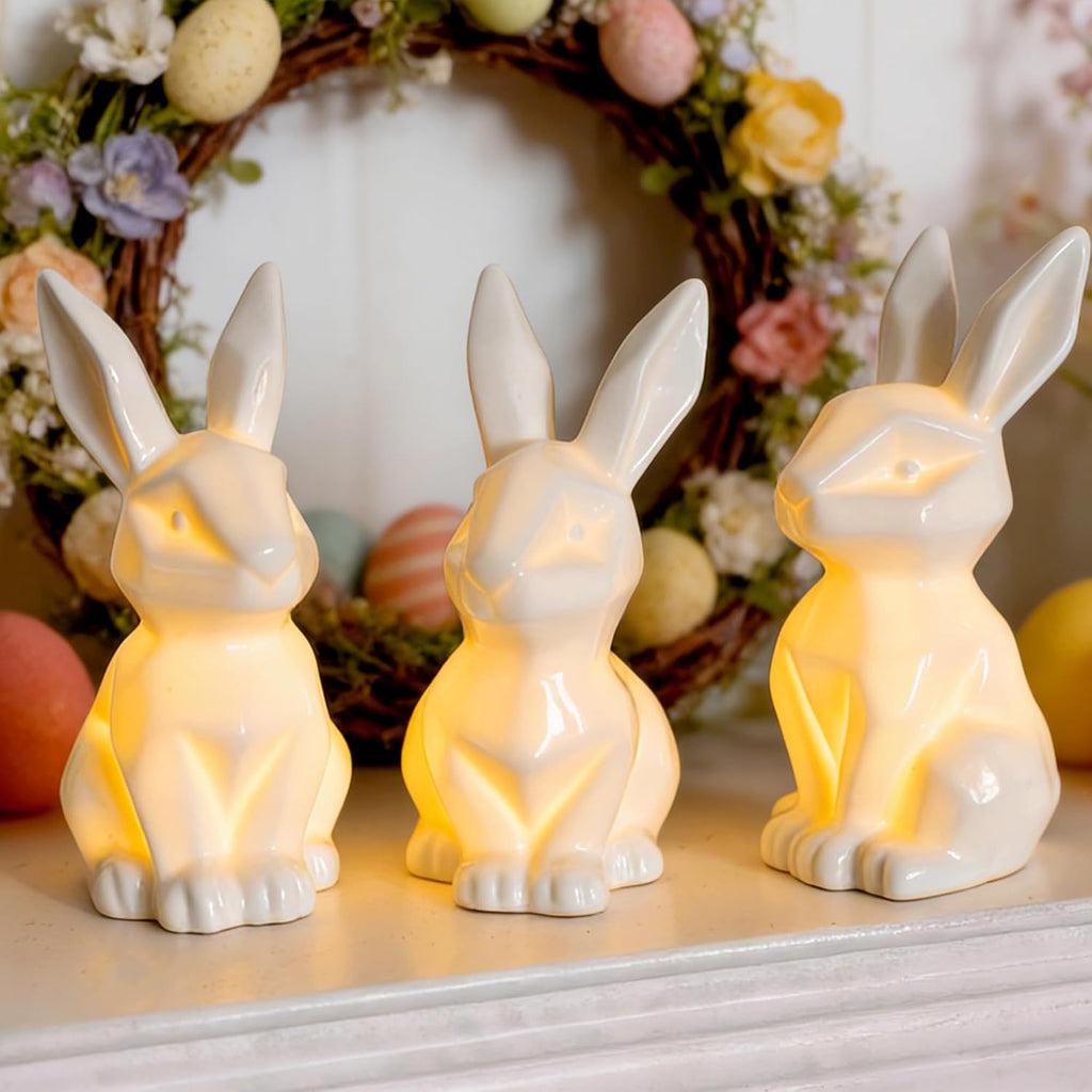 Nerosun Easter Bunny Decorations - 3 Pack Ceramic White Rabbit Statues | Lighted Table Centerpiece for Spring Decor