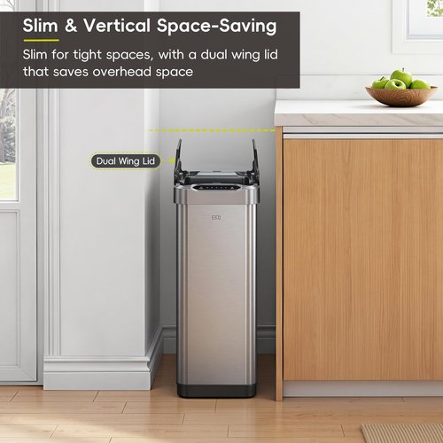 EKO Phantom-T 50 Liter / 13.2 Gallon Vertical Motion Sensor Trash Can, Brushed Stainless Steel Finish