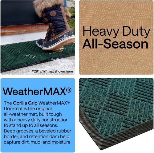 GORILLA GRIP Waterproof All-Season Doormat - Natural Rubber, Stain & Fade Resistant, Easy Clean | 29x17, Green Diamond