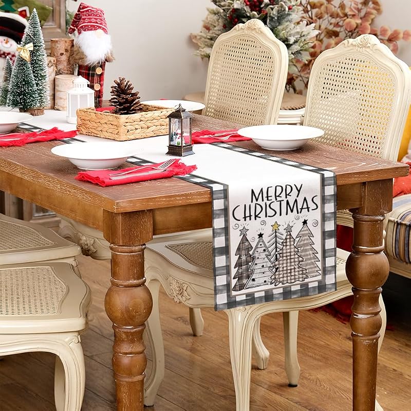 Table Runner 13x72 Inches - Merry Christmas Buffalo Plaid, Yellow