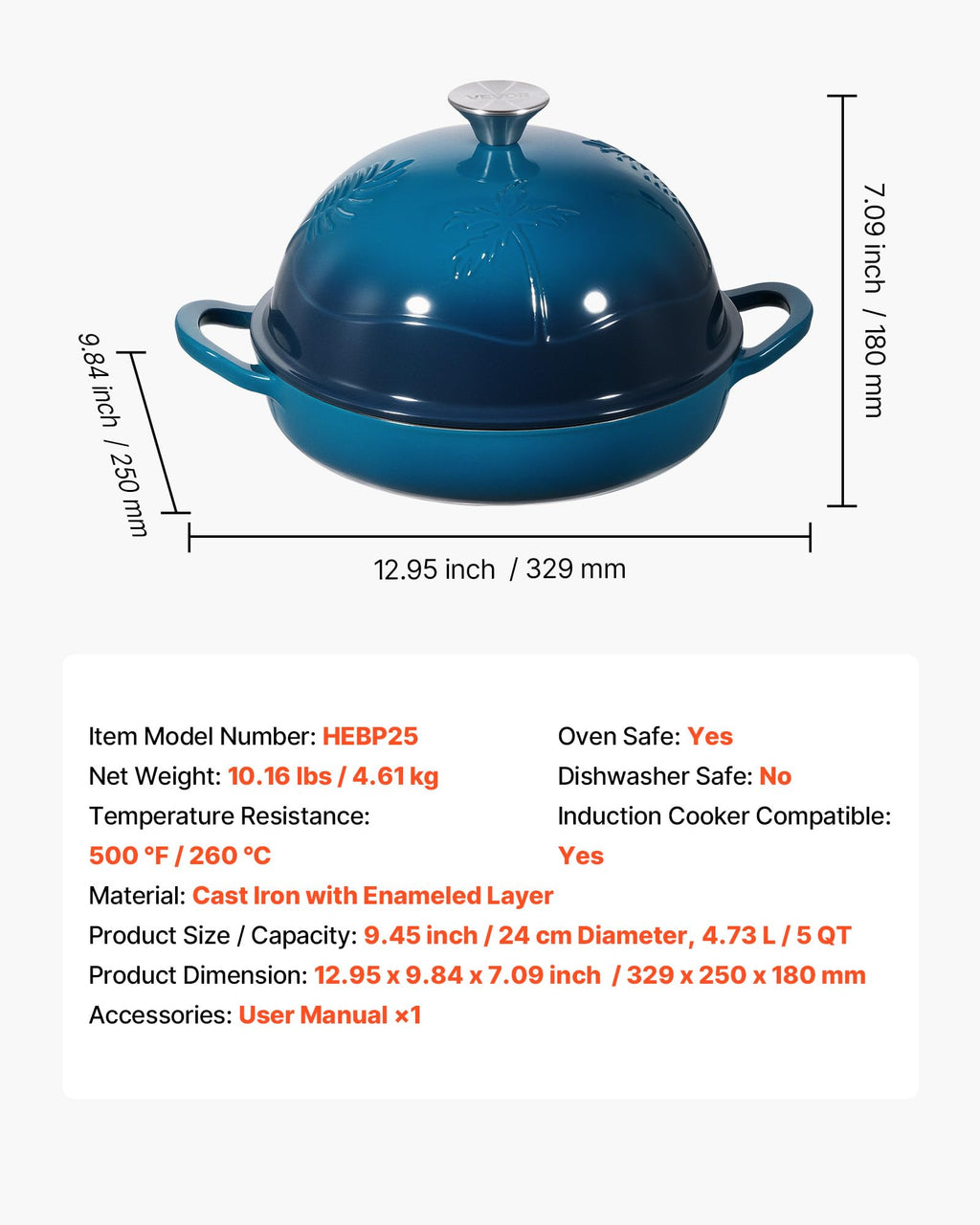 VEVOR Enameled Cast Iron Dutch Oven, 5 Quart Pot for Sourdough Bread Baking, Heavy-Duty Cookware Pan with Lid and Dual Handles, Oven Induction Compatible up to 500℉, for Cooking Roasting