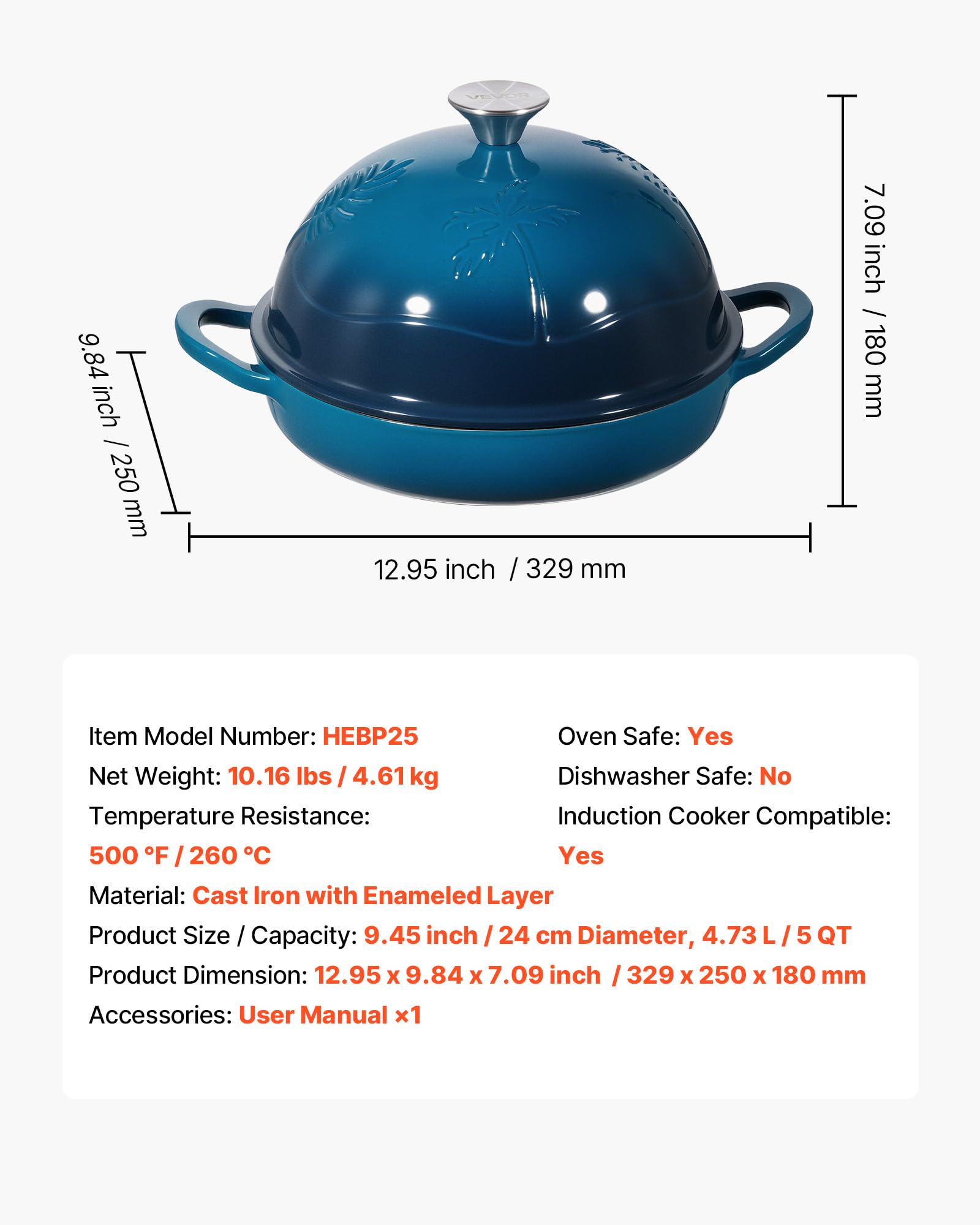 VEVOR Enameled Cast Iron Dutch Oven, 5 Quart Pot for Sourdough Bread Baking, Heavy-Duty Cookware Pan with Lid and Dual Handles, Oven Induction Compatible up to 500℉, for Cooking Roasting