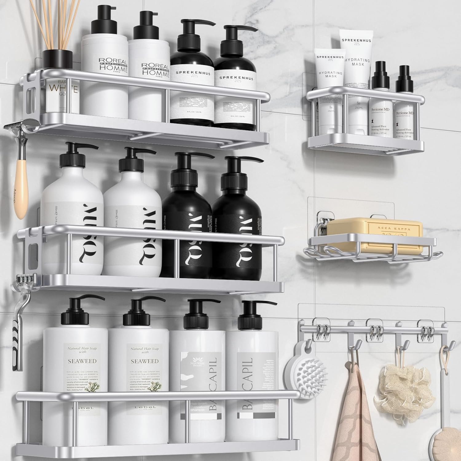 YASONIC Shower Caddy - Large Capacity Bath Organizer with Soap Holder & 12 Hooks | Rustproof Silver Shelves